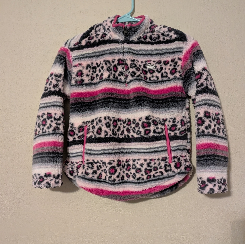 Hurley Kids Striped Sherpa Quarter Zip- Pink, Black, White